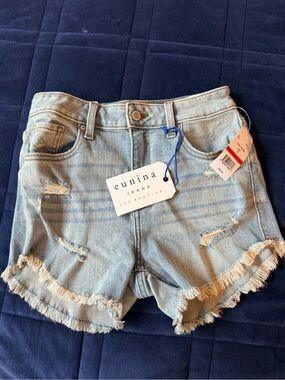 eunina Light Wash Distressed Frayed Denim Shorts